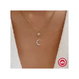 Bijoux Colliers Argent Sterling 925 Double Couche -étoile et lune