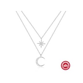 Bijoux Colliers Argent Sterling 925 Double Couche -étoile et lune