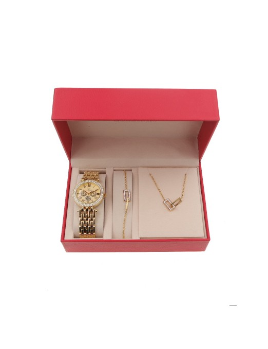 Coffret montre femme et bijoux rectangles croisés (Acier) Dorée